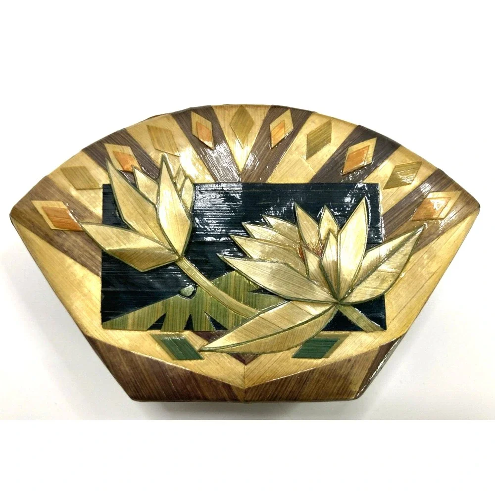 Vtg Set Of‎ 2 Handmade Nesting Trinket Boxes Lotus Flower Bamboo Inlay Lacquered